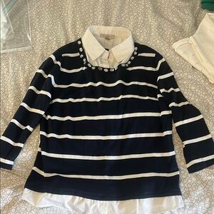 Ros & Ali Navy Blue Striped  Shirt with fun neckline sz M